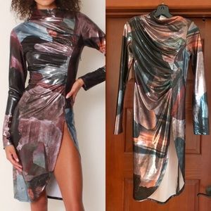 BAJA EAST Crystal Print Metallic Dress with High Slit ❤️